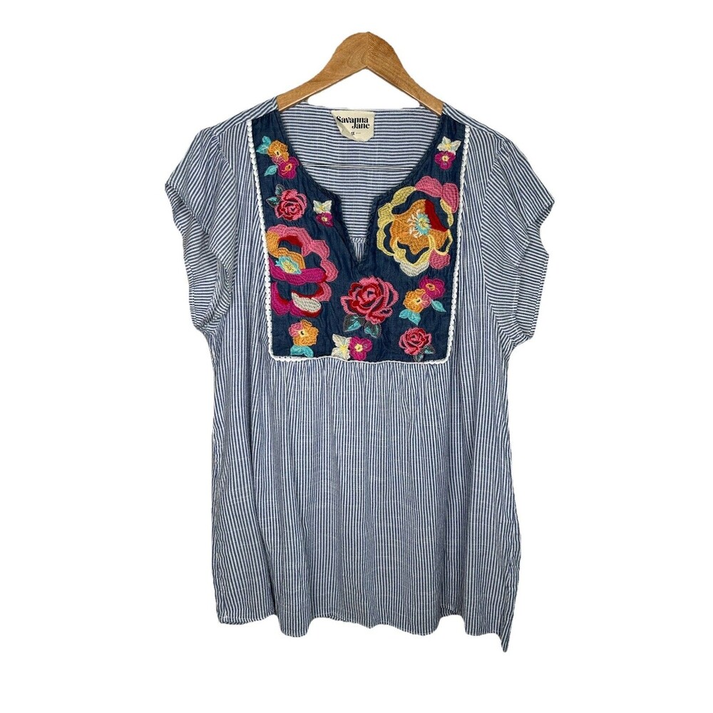 Savanna Jane Blue Striped Floral Embroidered Chambray Denim Blouse Plus Size 1X